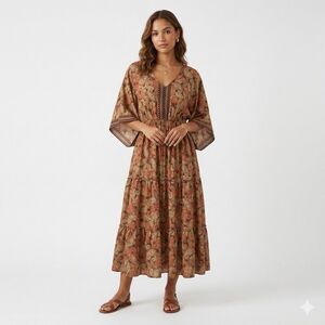 Anthropologie Me 2 Magic Gold Lurex Paisley Maxi Dress Tassel Fringe Pleated XL